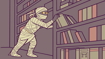 A mummy reaches for a book on a tall bookshelf in a dimly lit library surrounded by rows of ancient tomes