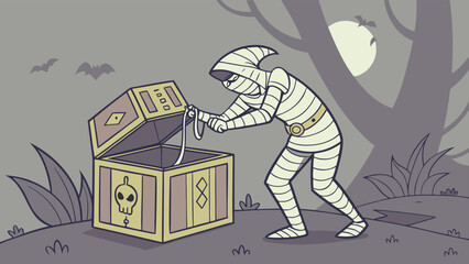 A cartoon mummy in a spooky forest at night opens a treasure chest revealing a mysterious object under a full moon with bats flying