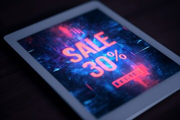 Get ready for amazing deals with a 30% sale announcement on a modern tablet, perfect for promotions, marketing, and online shopping