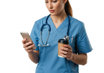 Caring medical professional wearing blue scrubs holding a smartphone and coffee cup isolated on transparent background