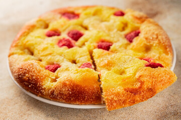 Sweet pie raspberry  frangipane dessert baking fresh delicious gourmet food background on the table rustic food top view copy space