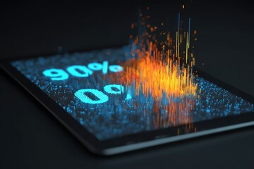 Dynamic digital transformation visualized on a tablet, showing data flow, progress, and achieving 90% success with modern technology