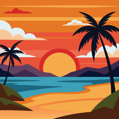 Fototapeta premium Sunset on a Tropical Beach with Palms and Calm Sea Peaceful Evening Scene