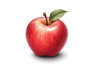 Realistic Hand-Drawn Red Apple with Leaf on White Background