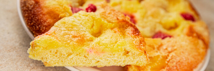 Sweet pie raspberry  frangipane dessert baking fresh delicious gourmet food background on the table rustic food top view copy space