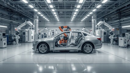 Robotic Arm Assembling Car on Automated Production Line in Modern Factory