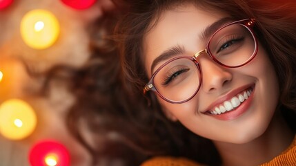Cheerful young woman with glasses enjoying a cozy evening at home
