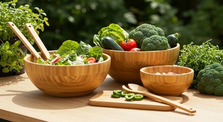 Fresh salad preparation with wooden bowls, utensils, and vibrant green vegetables on a wooden table