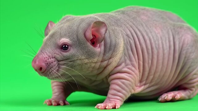 Naked Mole Rat Heterocephalus Glaber Close Up Isolated on Green Screen Background Revealing Wrinkled Pink Skin and Unique Features Perfect for Educational Wildlife Content and Chroma Key Compositing