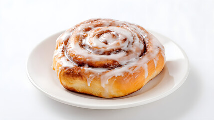 Delicious Cinnamon Roll Covered in Glossy Icing on a White Plate