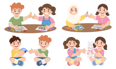 Illustration set of children sharing with each other