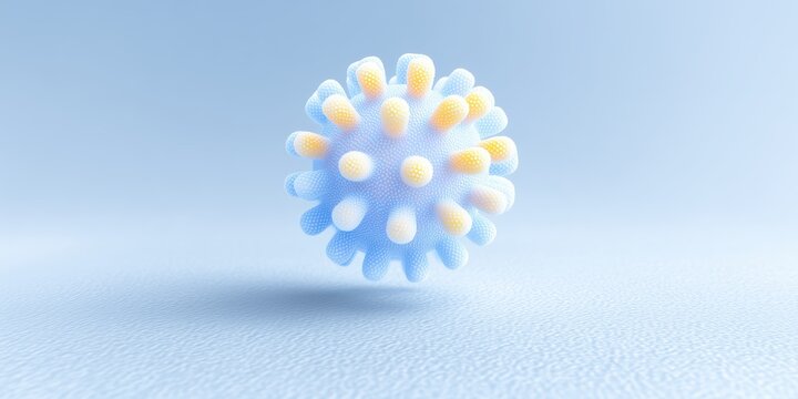 3D illustration of a virus structure with colorful spikes, floating in a soft blue environment, representing microscopic life and health-related concepts in a visually engaging manner - Powered by Adobe