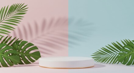Obraz premium A white pedestal sits on a pastel pink and light blue background, surrounded by tropical leaves casting shadows