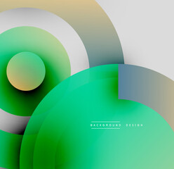 Abstract circles overlap, creating vibrant gradients. Green, gold, gray hues blend smoothly. Modern design element for backgrounds.