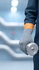 Individual wearing gray gloves holds a shiny metal dumbbell in a modern fitness environment, showcasing strength training and dedication to physical fitness and health improvement