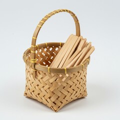 Handmade Bamboo Basket with Wooden Craft Sticks, Isolated on White. High Detail.