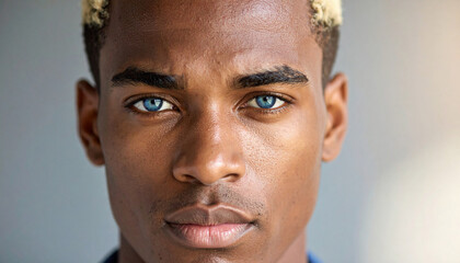 Fototapeta premium An afro-american young man with blue eyes and styled blond hair gazes at the camera, exuding charisma and poise in a bright setting.