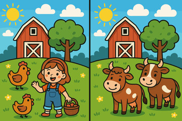 Naklejka premium Girl interacting with farm animals in a colorful cartoon illustration
