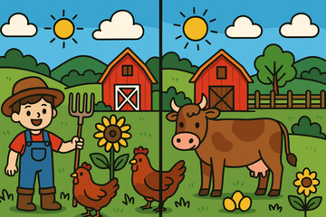 Obraz premium Young boy with pitchfork standing in colorful farm scene 