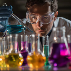 Male chemist wearing protective goggles carefully pours blue liquid into a test tube among an array of colorful chemical solutions in a laboratory.