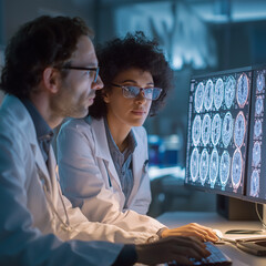 Male doctor and female researcher analyzing brain scans on a computer monitor, collaborating in a modern medical research facility.