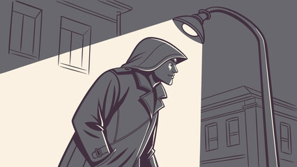 Mysterious hooded figure walks under a streetlamp at night casting a shadow on the building facade