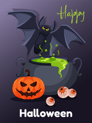 Halloween vector with pumpkin, bat, and green potion. Fun spooky illustration for holiday decor or seasonal invitation.