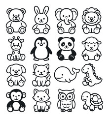 Cute animal icons: bear, rabbit, elephant, lion, giraffe, penguin, panda, sheep, cat, whale, dinosaur, monkey, fox, owl, turtle