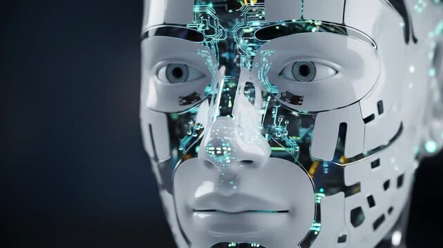 Female robot android digital face scan displaying artificial intelligence and futuristic technology processing information footage.