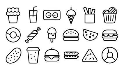 “Fast Food Line Art Set – Minimal Outline Vector Illustrations of Burgers, Pizza, Snacks, and Drinks Fast food, line art, outline icons, vector illustrations, minimal design, burger icon, pizza 

