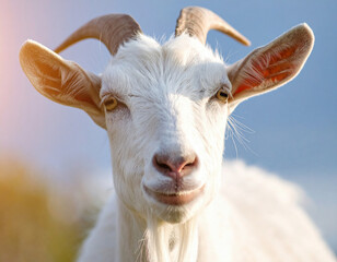 Obraz premium A white goat with curved horns gazes directly at the camera, showcasing its gentle expression and curious nature in a sunlit setting.
