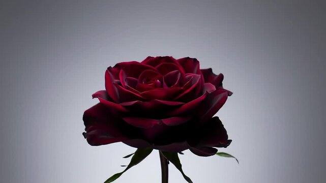 A close up shot of a dark red rose with a green stem against a gradient gray background color