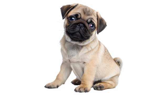 Adorable Pug Puppy Sitting and Looking Curious Against  On a transparent background