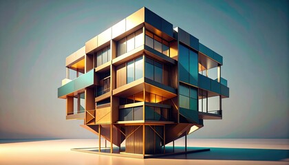 Geometric Floating Building Complex With Golden Facade And Teal Glass