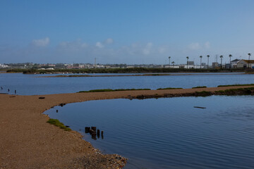 Salt marshes reflecting the blue sky near the city of faro in portugal