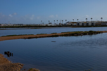 Salt marshes reflecting the blue sky near the city of faro in portugal