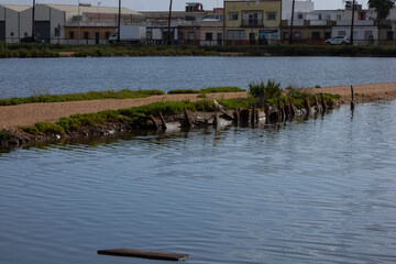 Salt marshes reflecting the blue sky near the city of faro in portugal