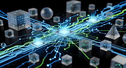 Abstract 3D rendering of data flow and analytics, tech background