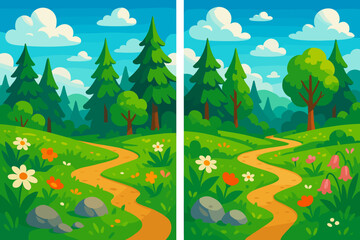 Naklejka premium Colorful cartoon landscape with flowers and trees for find differences game 