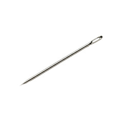 Sleek silver-colored self-threading hand needle, polished metallic, sharp tip, V-slot eye, resting horizontally on a seamless transparent studio background with shadowless lighting, professional