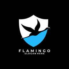 Flamingo Protection logo design vector template. Flamingo with shield logo design