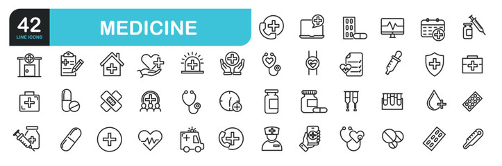 Set of line icons related to medicine, aid, healthcare, capsule pharmacy, hospital. Outline icons collection. Editable stroke. Vector illustration