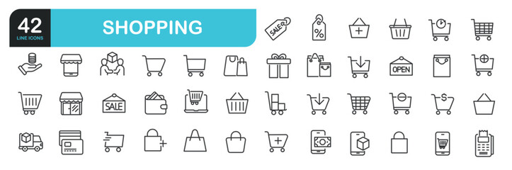 Set of line icons related to shopping, supermall, store, sale, bar code. Outline icons collection. Editable stroke. Vector illustration