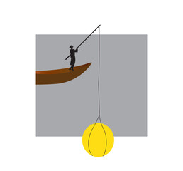 Illustration sebuah perahu dan nelayang yang sedang menangkap bulan