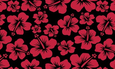 Seamless tropical Hawaiian pattern with red hibiscus flowers. A bold floral vector background for summer and vacation themes.