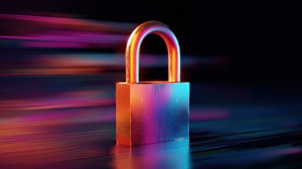 Fototapeta premium Secure Padlock Symbol on Dark Background with Vibrant Neon Lights Representing Digital Security and Data Protection