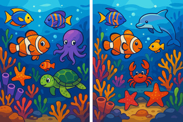 Fototapeta premium Colorful underwater scene with fish and marine life for kids' game Concept of Find differences. Educational game for children. Cartoon vector illustration 