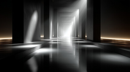A long, empty corridor with concrete pillars and a reflective floor is bathed in a bright light at its far end, creating a dramatic vanishing point and a sense of progression toward a glowing destinat