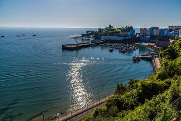 A view looking back towards the harbour in the early morning in Tenby, South Wales in summertime