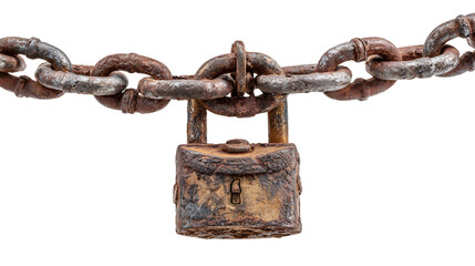 Old rusty padlock and chain isolated on transparent background